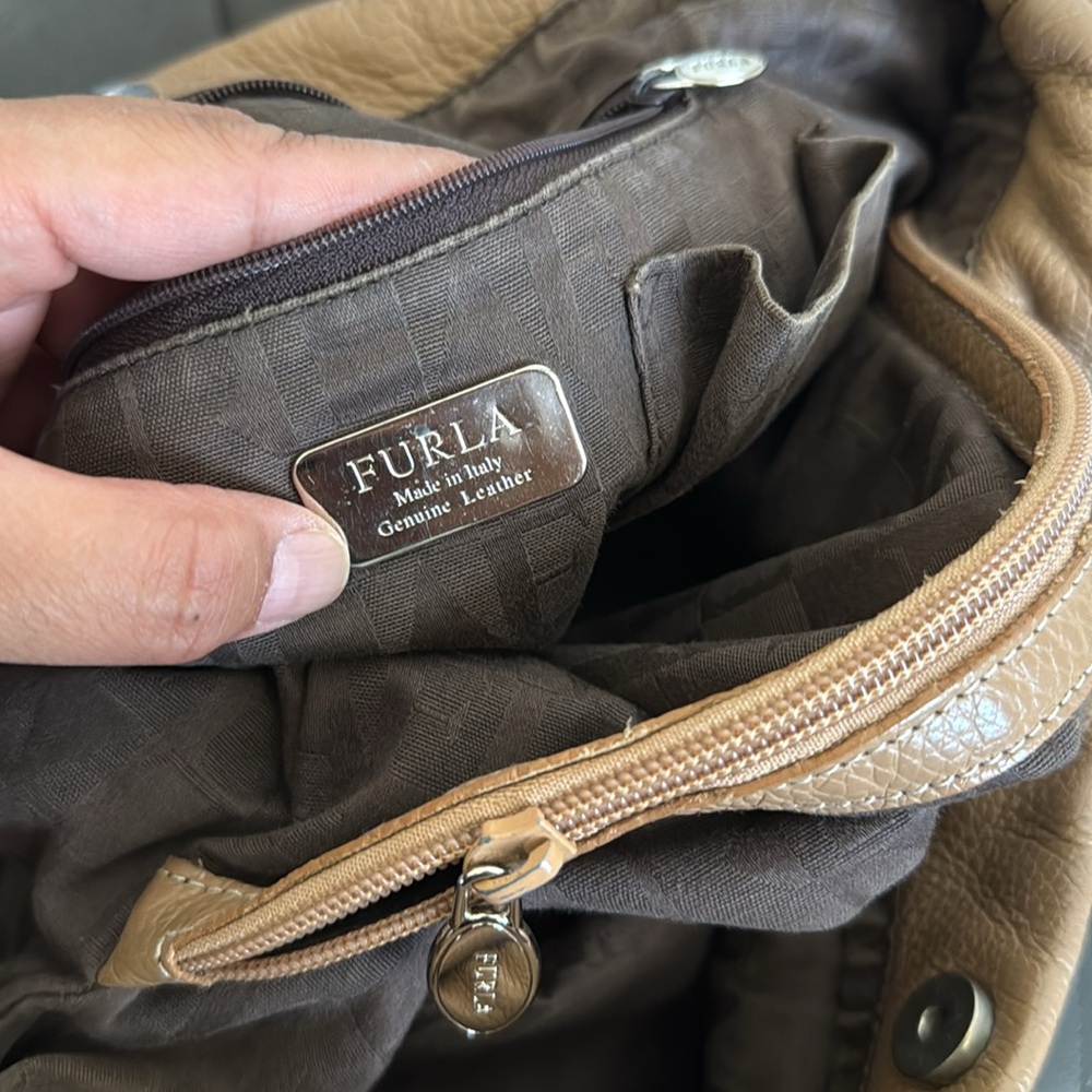 Furla Tan Leather Tote Convertible Bucket Bag - Picture 11 of 12